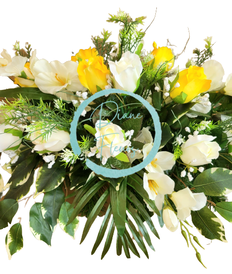 Frumos aranjament de doliu exclusive de trandafiri artificiali, gladiole si accesorii 85cm x 45cm x 30cm