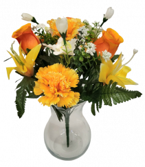 Kytice Růže, Karafiát, Lilie a Orchidej x13 33cm oranžová, žlutá umělá
