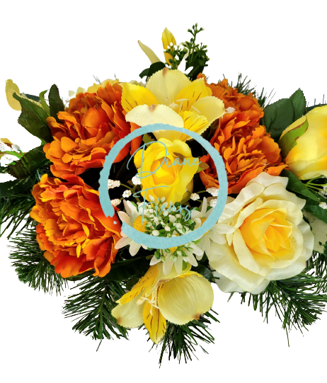 Aranžmán betonka umělé růže, pivoňky, alstromerie a doplňky 58cm x 30cm x 22cm AS565