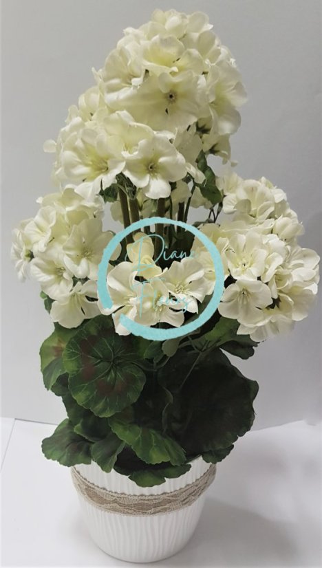 Umelý Muškát Pelargónia v črepníku O 25cm x výška 49cm biela záťažový aranžmán