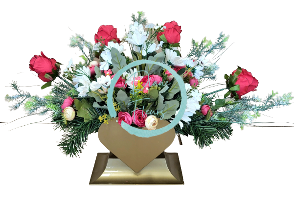 Bellissima composizione funebre a forma di cuore, in cemento, esclusive margherite artificiali, rose, camelie e accessori 70 cm x 28 cm x 35 cm AS526