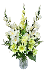 Vázaná kytice Exclusive růže, gladioly mečíky, kopretiny a doplňky 68cm umělá