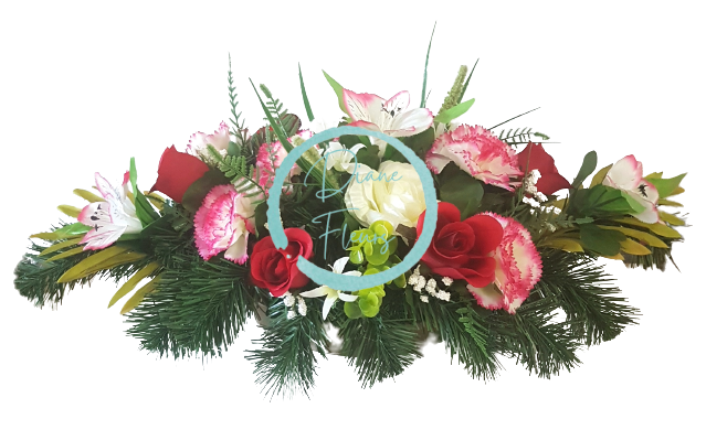 Aranjament pentru cimitir de lux de trandafiri artificiali, garoafe si accesorii 60cm x 30cm x 25cm
