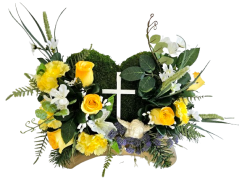 Trauergesteck aus künstliche Rosen, Nelken, Engel, Mooskranz und Zubehör 46cm x 20cm x 28cm