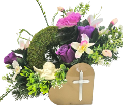 Trauergesteck aus künstliche Rosen, Lilien, Engel, Mooskranz und Zubehör 50cm x 20cm x 25cm
