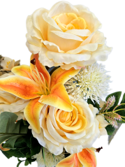 Buchet artificial exclusiv Trandafiri, Crini, Ciulin și accesorii x12 54cm x 30cm galben, portocaliu