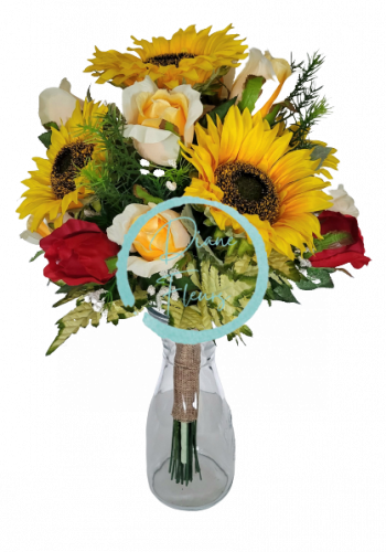 Vázaná kytice Exclusive růže, slunečnice, doplňky 48cm umělá