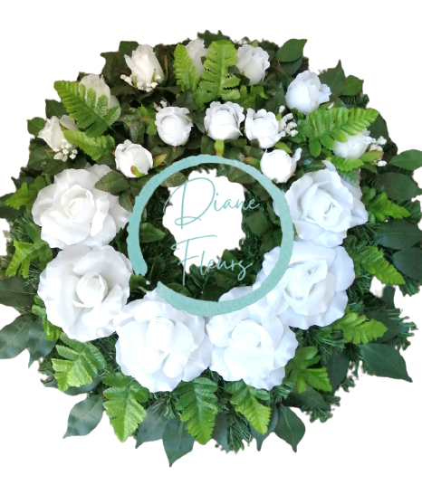 Smútočný veniec s umelými ružami Ø 65cm biela, zelená
