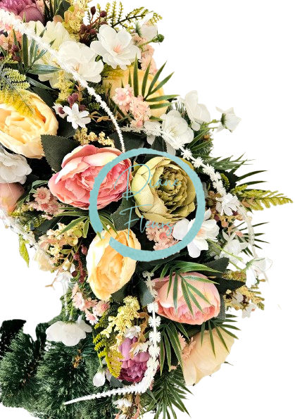 Coroană funerara de pin Exclusiv Bujori artificiali, Gerbere si Accesorii Ø 100cm