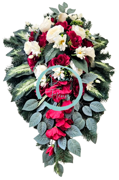 Coroana "frunze" de trandafiri artificiali, bujori, margarete, gladiole si accesorii 100cm x 60cm