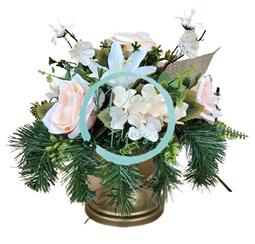 Žalni aranžma umetne lilije, hortenzije, vrtnice in dodatki O 30cm x 30cm
