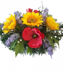 Trauergesteck aus künstliche Sonnenblumen, Mohnblumen, Lavendel und Zubehör 60cm x 30cm x 23cm