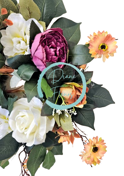 Венец от изкуствени рози, божури, маргаритки и аксесоари 50 см AS987