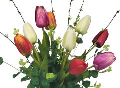 Vezan spomladanski šopek Ekskluzivni tulipani, evkaliptus, dodatki 53 cm umetno