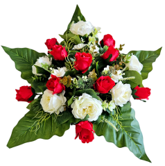 Trauergesteck aus künstliche Pfingstrosen, Rosen, Eukalyptus und Accessoires, 70cm x 42cm x 44cm AS1073