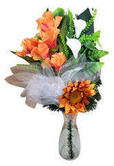 Umělá smuteční kytice do ruky z irisu, kaly, slunečnice a doplňků 73cm x 35cm