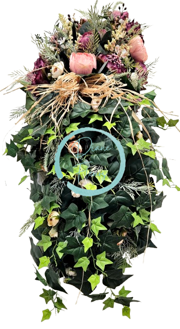 Corona funebre, edera artificiale, peonie, ortensie e accessori, 100 cm x 45 cm, AS899