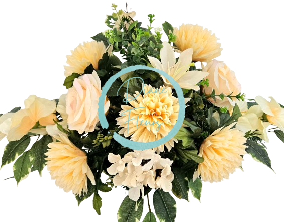 Big sympathy arrangement made of artificial Chrysanthemums, Roses, Gladiolus and Accessories 85cm x 45cm x 28cm
