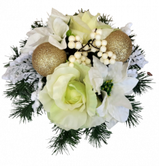 Sympathy arrangement made of artificial Roses, Poinsettia, Berries, Christmas balls and Accessories 28cm x 20cm