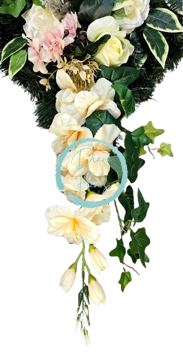 Veľký a luxusný smútočný veniec "List" umelé pivonky, ruže, hortenzie, bodliak, gladioly a doplnky 120cm x 65cm