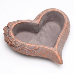 Dekoračný kameninový črepník srdce s ornamentom ruže 21,5cm x 19,5cm x 7cm