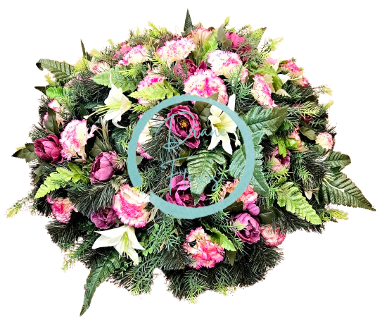 Umelý veniec karafiáty, pivonky, ľalie a doplnky 60cm