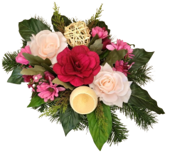 Kompozycja żałobna sztuczne róże, stokrotki i akcesoria 45cm x 28cm x 15cm