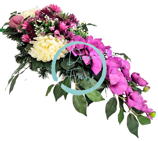 Luxusný aranžmán betonka umelé chryzantémy, pivonky, margaréty, orchidey a doplnky 78cm x 30cm x 24cm
