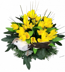 Trauergesteck aus künstlichen Krokus, kleiner Vogel und Accessoires 30cm x 22cm