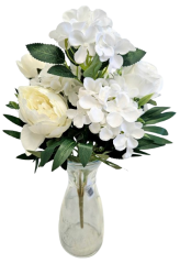 Peónia, Ruža & Hortenzia kytica 46cm umelá biela, krémová