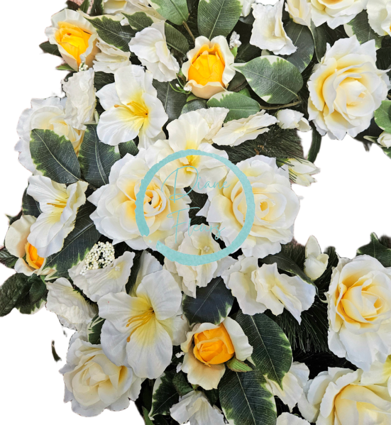 Погребален венец от бор, ексклузивни рози, гладиоли и аксесоари 75 см AS1050
