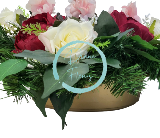 Sympathy arrangement made of artificial Peonies, Roses and Accessories 65cm x 38cm x 23cm