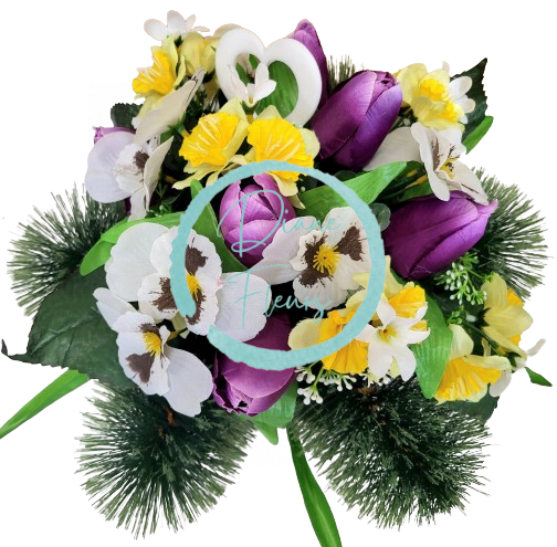 Sympathy arrangement of artificial tulips, pansies, narcissus and accessories 38cm x 28cm
