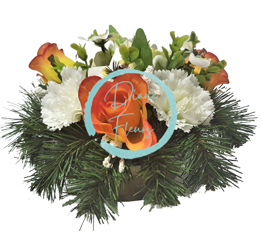 Aranžmán betonka s umelými Ružami & Karafiátmi & Sirôtkami & Doplnky 25cm x 15cm oranžová & žltá & biela