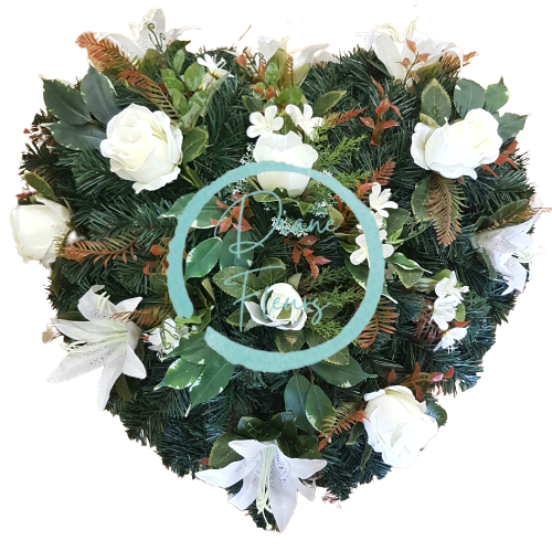 Artificial Wreath Heart Shaped with Roses, Lilies and accessories 65cm x 65cm Cream, Green, Brown