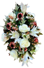 Čudovit umetni nagrobni venec iz vrtnic, lilij in dodatkov 70cm x 40cm x 25cm