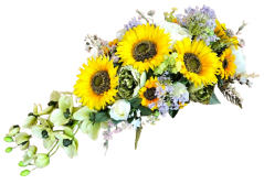 Beautiful decoration of artificial sunflowers, peonies, orchids and accessories in a flower pot 75cm x 30cm x 28cm