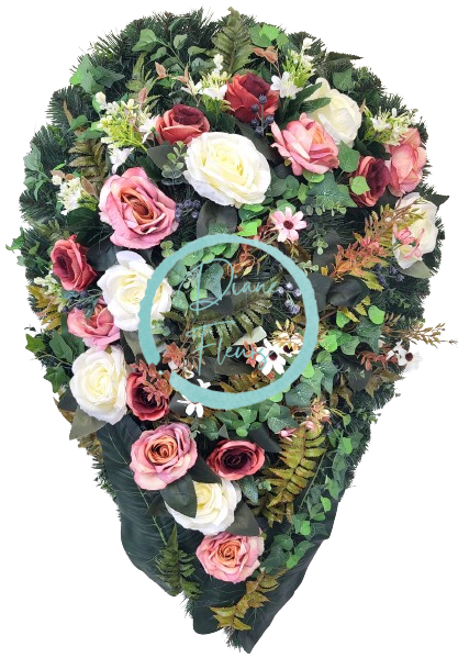 Pogrebni vijenac "Suza" ruže, tratinčice, paprat i dodaci 100cm x 60cm