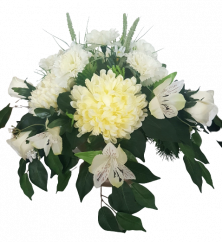 Trauergesteck aus künstliche Chrysanthemen, Rosen, Nelken, Alstroemerien und Zubehör Ø 45cm x 35cm
