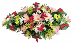 Luxury sympathy arrangement made of mix of artificial flowers and Accessories 60cm x 34cm x 22cm