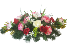 Luksuzan žalobni aranžman umjetne ruže, karanfili i dodaci 60cm x 30cm x 25cm