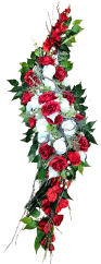 Smútočný veniec esíčko umelé ruže, gladioly, listy poinsettie a doplnky 150cm x 40cm