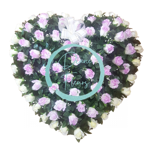 Coroana funerara „Inimă” din trandafiri 80cm x 80cm violet si crem flori artificiale