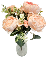 Buchet artificial de bujori, hortensie si accesorii 42cm salmon