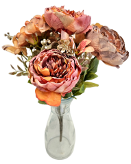 Umělá kytice pivoňky, hortenzie a doplňky x9 44cm oranžová, fialová