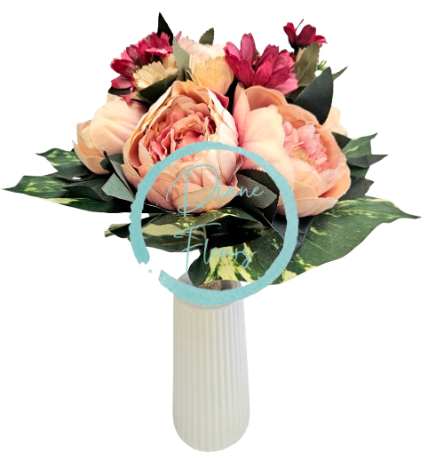 Vázaná kytice Exclusive vlčí mák, pivoňky a doplňky 34cm umělá