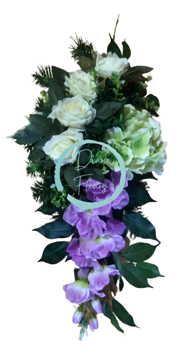 Бетонна саксия за погребение Икебана с ексклузивни изкуствени рози, хортензии, гладиоли и аксесоари 55см x 30см x 15см AS348