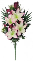 Rózsák és Liliom csokor x18 bordó, lila és krém 62cm művirág