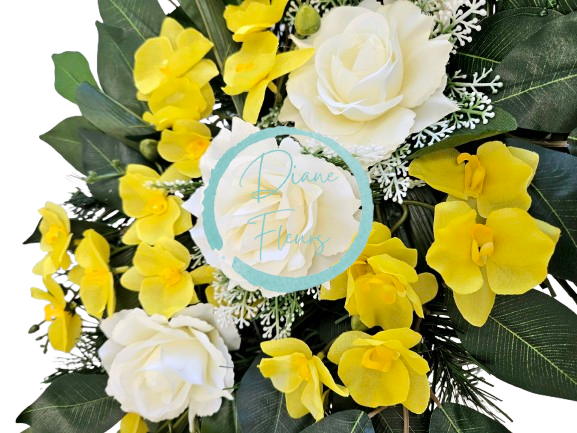 Aranjament pentru cimitir de trandafiri, orhidee si accesorii 78cm x 38cm x 18cm