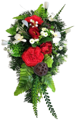 Díszített betontál fenyőből mesterséges szegfű, kalanchoe és kiegészítők 45cm x 27cm x 16cm